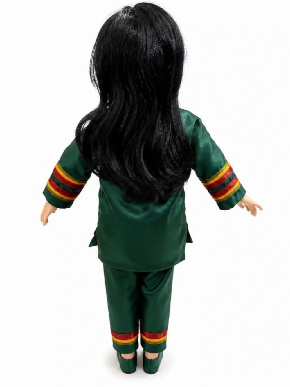 Green Embroidered Floral Doll Outfit with Orange Trim